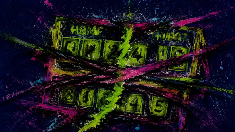 A distorted scoreboard with collapsed rows and tangled marks, representing achievement adaptationand