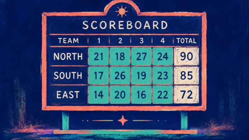 An orderly scoreboard with clear rows and balanced divisions, representing earned growth becomingung