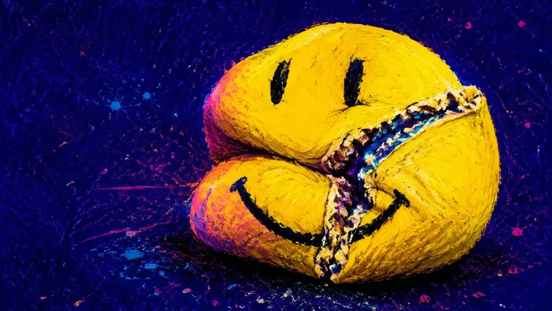 Compulsory Brightness A smiley stress toy folded until its grin disappears, symbolizing forced positivity used to avoid a
