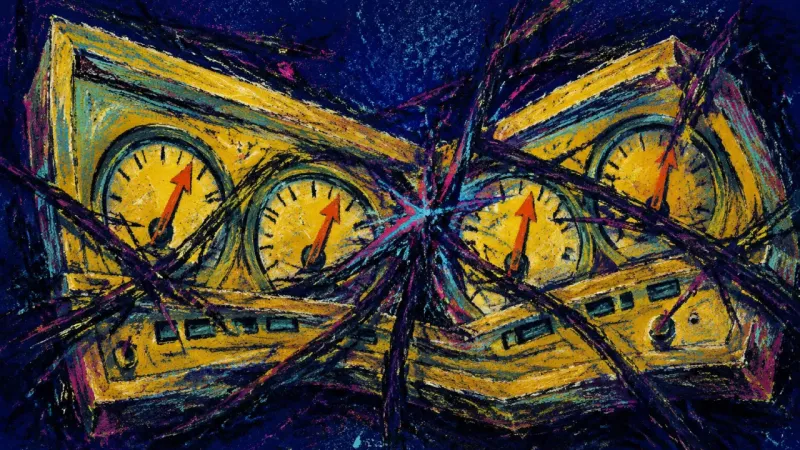 Dashboard Override A crushed dashboard overwhelmed by tangled marks, representing forced positivity that suppresses