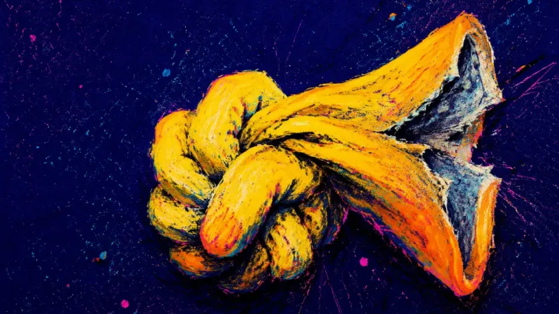 A cleaning glove twisted into a tight knot, symbolizing invisible household labor and resentment in an unequal relationship.