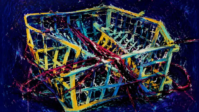 Grid Under Siege A crushed dishwasher rack trapped in chaotic lines, representing resentment and unequal ownership of household labor.