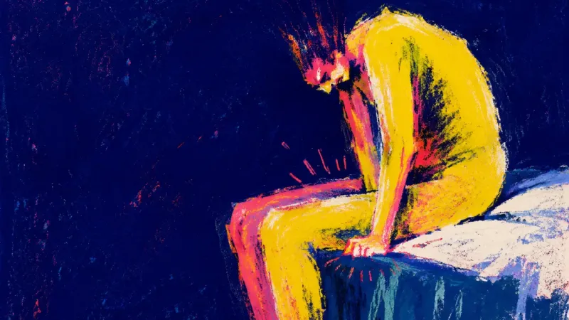 A seated figure pins both hands beneath their thighs, representing the strain of mediating a family