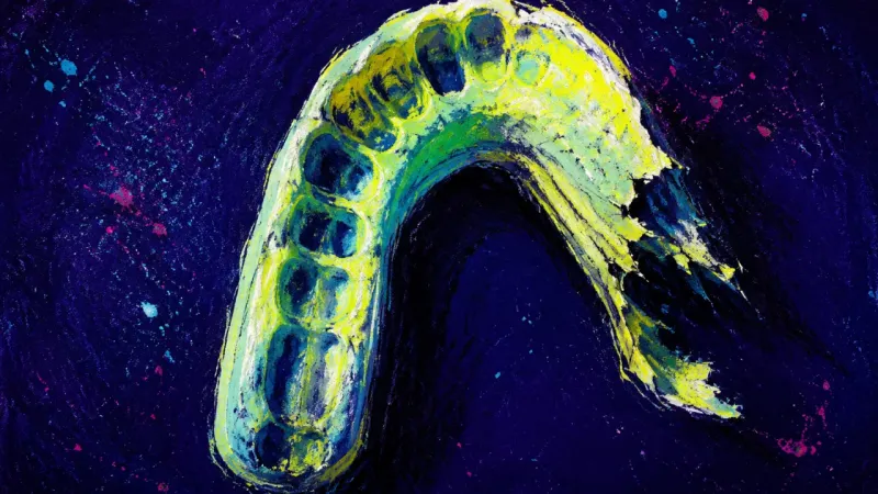 A dental night guard bitten nearly through, symbolizing the quiet strain of dismissing repeated unes