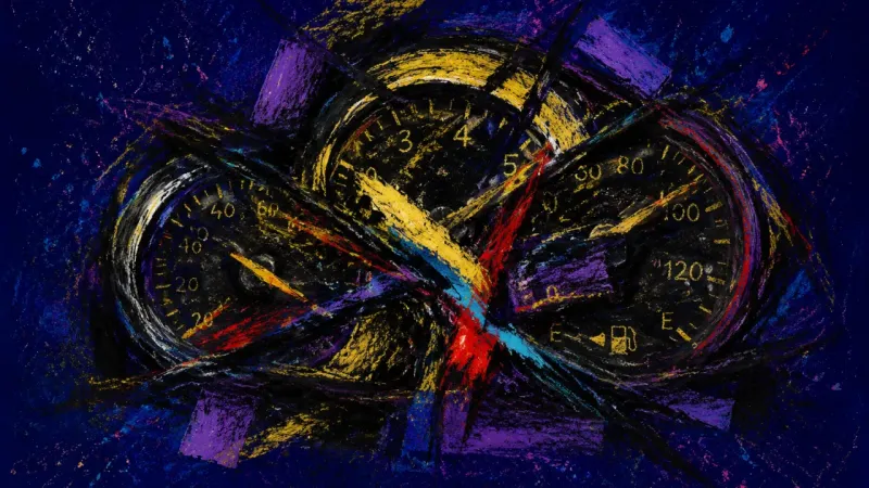 An instrument cluster crushed into tangled dials, representing apprehension and the loss of order