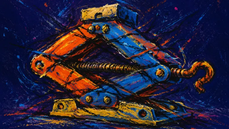 A distorted scissor jack is crushed by tangled lines, representing career transition paralysis,