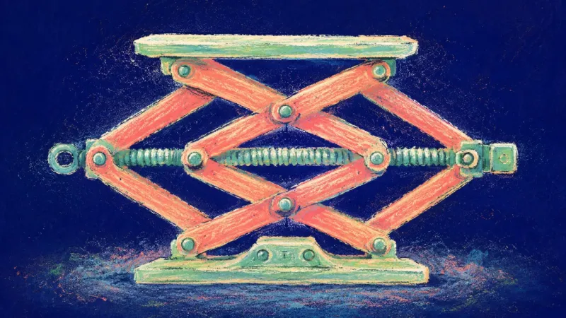 A restored scissor jack with evenly aligned joints represents career uncertainty easing through a,