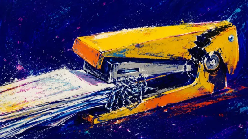 A stapler jammed around an overfilled packet, symbolizing how repeated explanations can postpone acc
