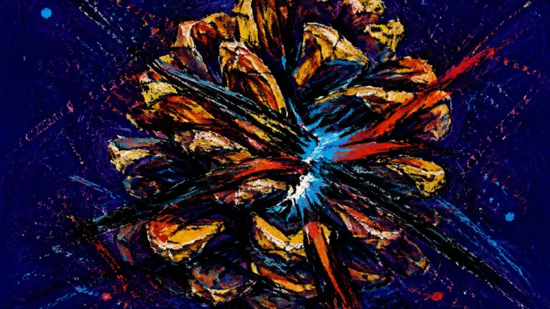 A compressed pinecone bound by chaotic lines, representing defensiveness and the way over-explaining