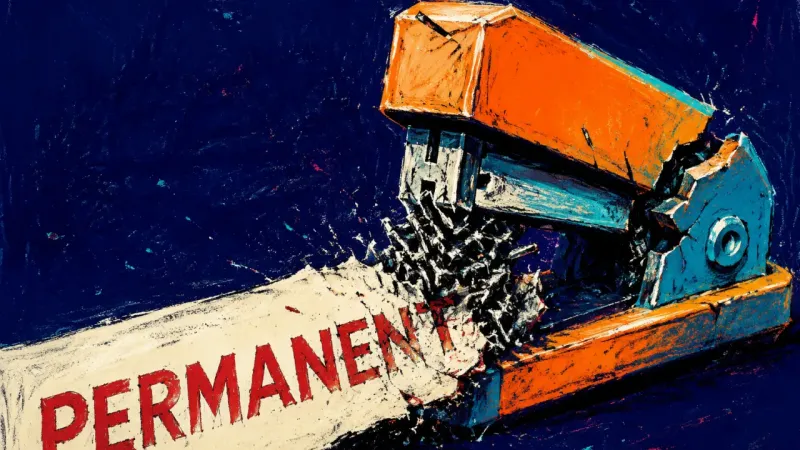 The Permanent Jam A jammed desk stapler tears through the word PERMANENT, symbolizing how demands for career certainty
