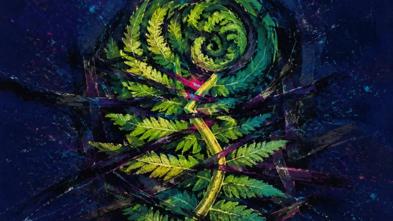Frond Under Pressure A fern frond crushed into a tight spiral and bound by jagged lines, representing career anxiety and