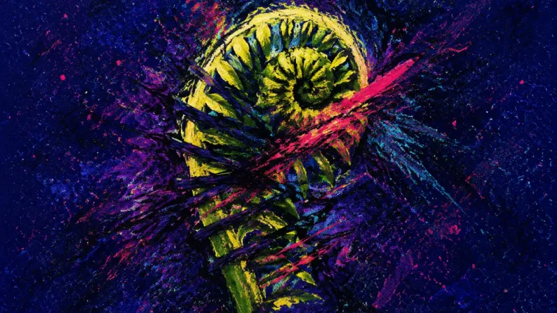 A tightly coiled fern frond under crushing restraints, representing thesis start paralysis driven by