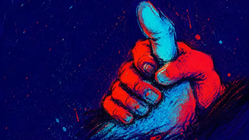 Two clasped hands trap one thumb beneath a rigid grip, symbolizing the compulsive urge to control