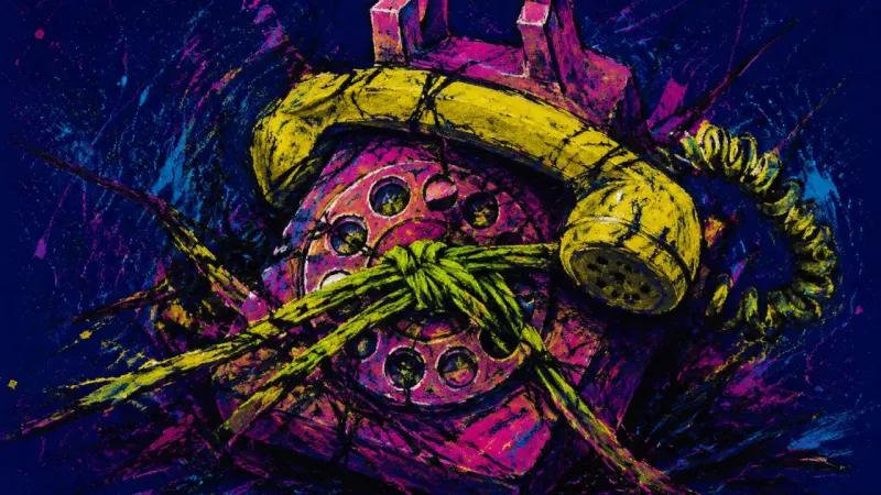 A crushed rotary telephone tangled in its own cord, representing anxiety and lost selfhood in the