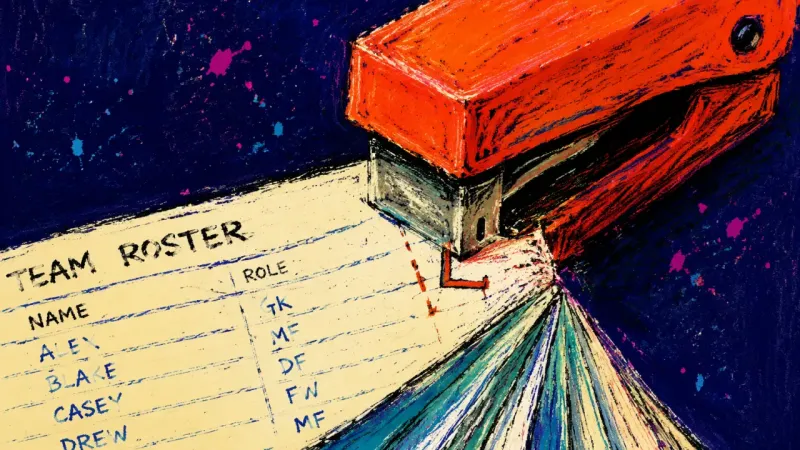 Clamped Evidence A stapler clamps a team roster, symbolizing the habit of dismissing workplace reorganization signals