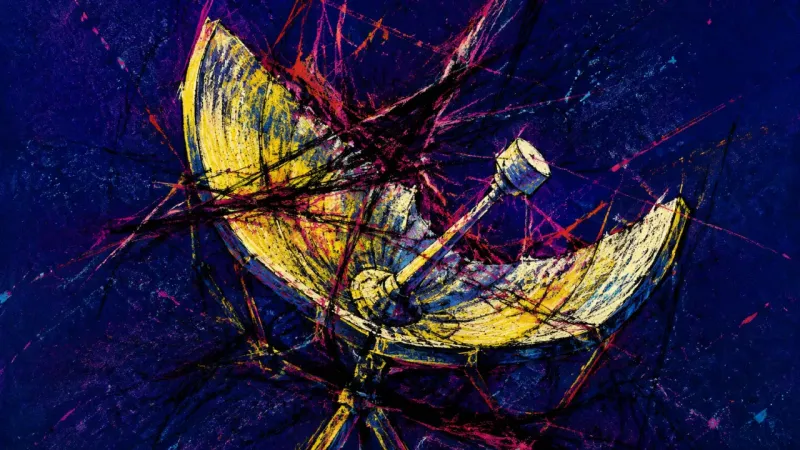 Signal Collapse A radar dish crushed by tangled lines represents dismissed workplace reorganization signals after**