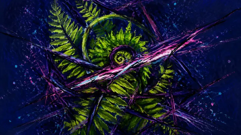 Fronds Under Pressure A compressed fern trapped in chaotic lines, representing revision avoidance, self-judgment, and