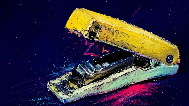 The Empty Press An empty desk stapler crushed by repeated presses, symbolizing productive-looking routines that no ё