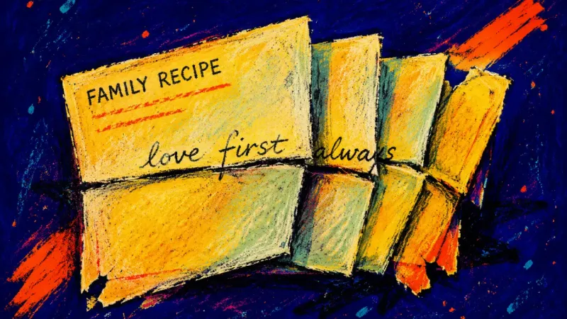 A repeatedly folded family recipe card symbolizes the guilt of hiding personal choices to preserve a