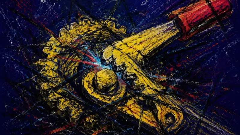 Locked Progress A ratchet trapped in a dense knot of lines, representing sunk-cost paralysis and pressure to keep a-