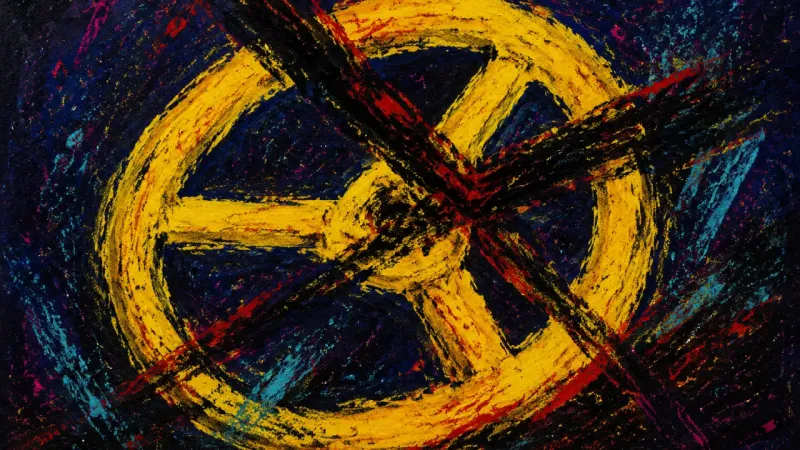 An abstract steering wheel buckled by chaotic lines, symbolizing guilt, self-silencing, and fear