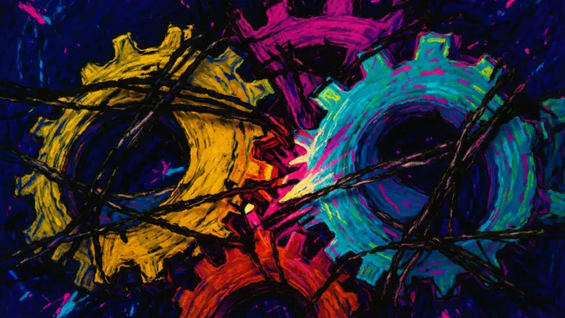 A deformed gear train trapped in chaotic lines, representing over-analysis and the fear of starting