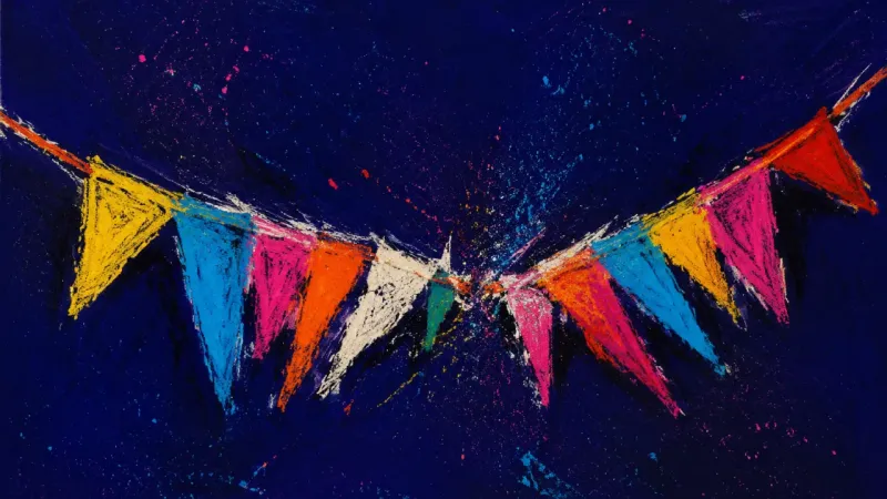 A torn celebration bunting strip crushed into a tight sequence, symbolizing pressure to follow 3