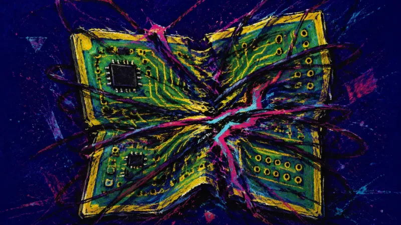 A crushed circuit board tangled by competing routes, representing anxiety about following an 2