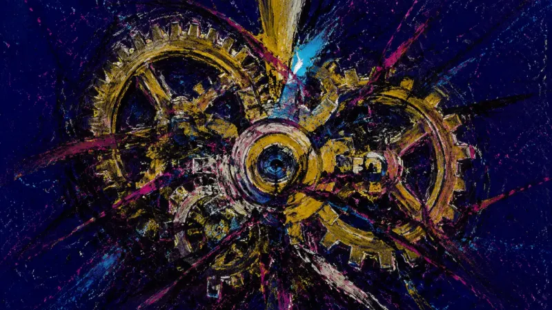 A distorted gear train bound into one congested mass, representing performance anxiety, defensive