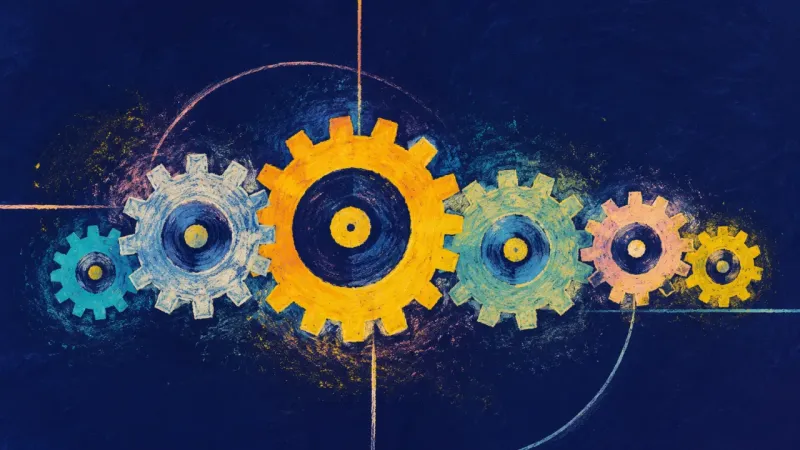 A restored gear train in balanced alignment, representing leadership grounded in clear limits,es r