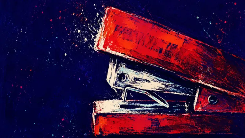 A stapler jammed shut around a bent staple, symbolizing suppressed workplace frustration that later⁠