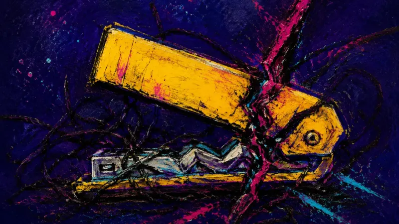 Consent Under Compression A deformed stapler bound by chaotic lines represents pressure-driven risk minimization and the loss