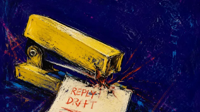 The Jammed Repair A stapler jammed around a reply draft, symbolizing the pressure to manage a partner's family dispute