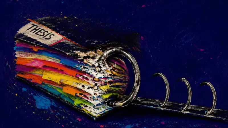 A thesis binder buckled around dividers forced onto one ring, symbolizing how one advisor comment