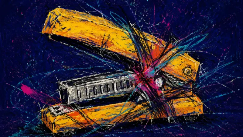The Jammed Interval A deformed stapler trapped in chaotic lines, representing perfectionistic planning that blocks al