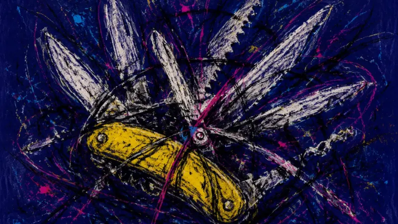 Arsenal of Delay A pocketknife buckled beneath crossed implements and tangled lines, representing research overload…”