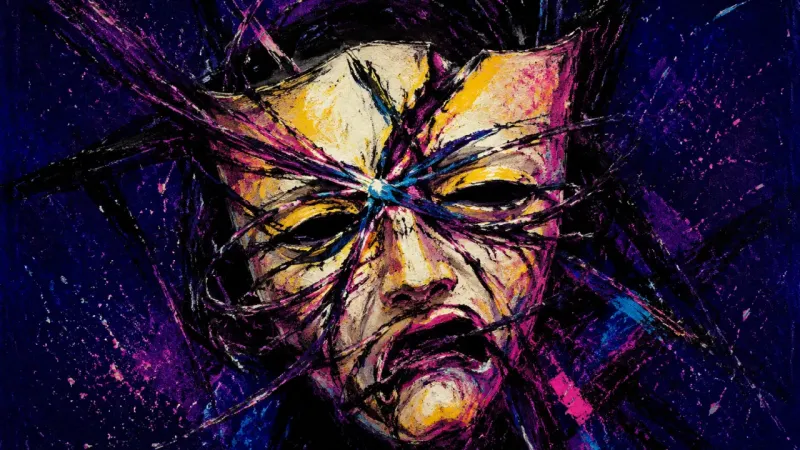 A distorted mask tangled in harsh marks represents emotional masking, fear of public exposure, and a
