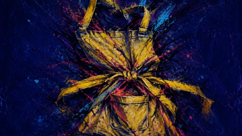 A crushed apron bound by tangled lines, representing self-erasure and oppressive responsibility for