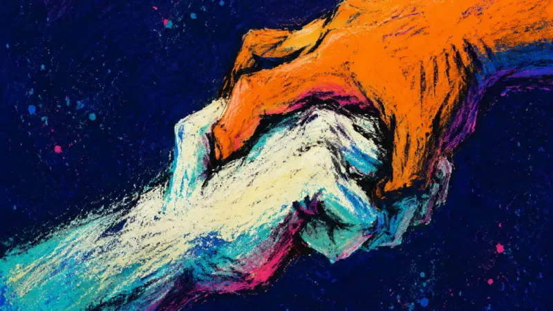 Two interlocked hands squeeze beyond a natural hold, symbolizing fear of losing a partner's