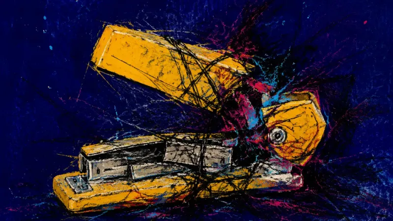 Jammed Before Contact A crushed stapler bound by jagged lines represents perfectionism-driven thesis paralysis and an