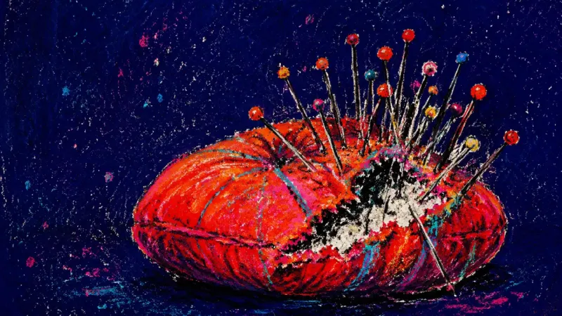 The Useful Wound A pincushion crushed and split by too many pins, symbolizing exhaustion from being valued mainly for