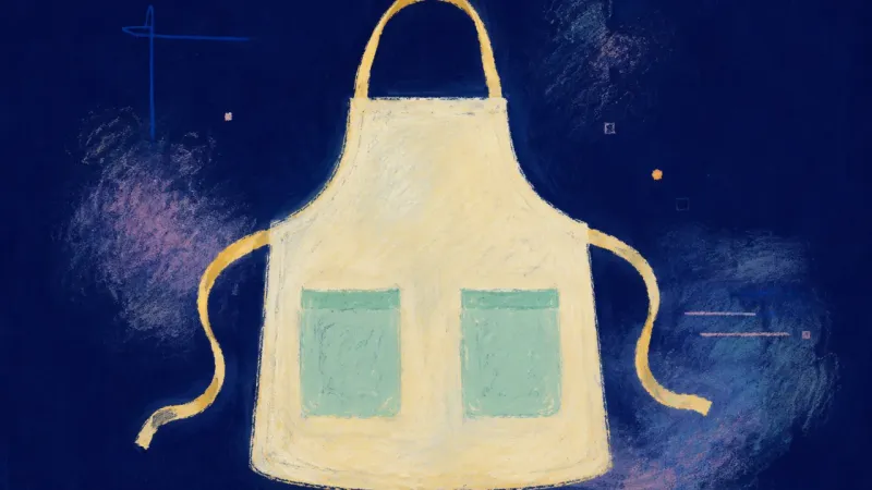Care in Balance A restored apron with open ties and balanced pockets, representing reciprocal friendship, visible ne