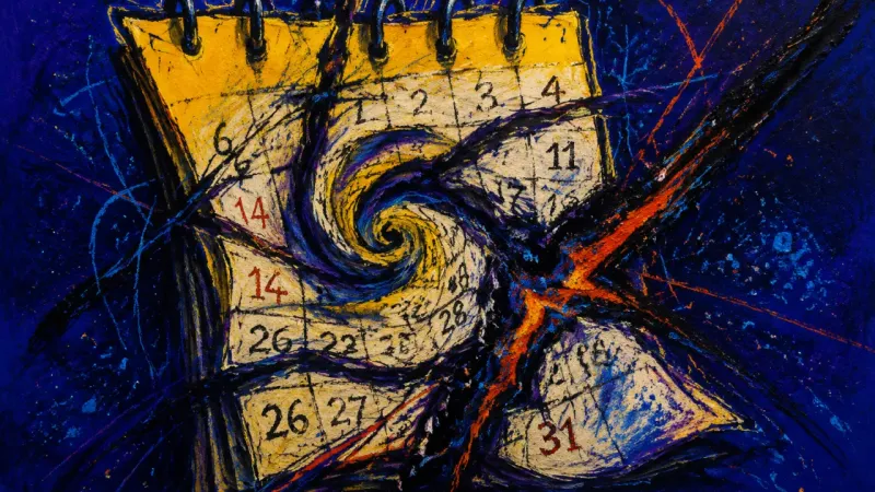 Calendar Under Pressure A distorted calendar bound in tangled marks, representing the pressure of waiting for a relationship