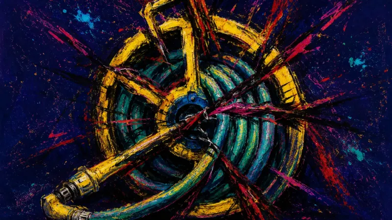 Overwound Defence A crushed hose reel bound by chaotic lines, representing inherited anger overwhelming proportionate reactions during conflict.