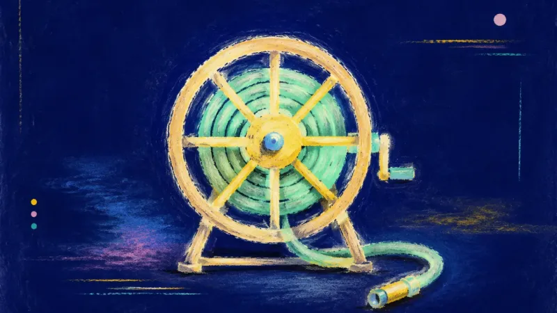 Measured Release A restored hose reel with ordered spokes and one measured curve, symbolising anger held with proportion, boundaries, and self-trust.