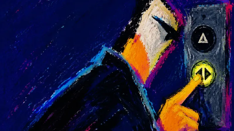 A cropped figure holds an elevator door-open button as their posture buckles, symbolizing belonging