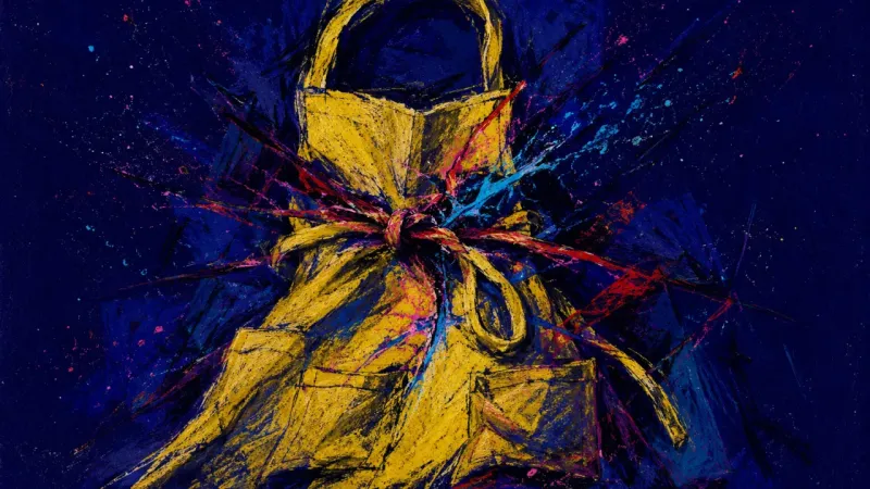 An apron crushed and knotted into a constricted form, representing role entrapment and the fear that