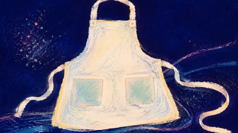 An apron unfolds into a balanced form with released ties and aligned pockets, representing self-auth