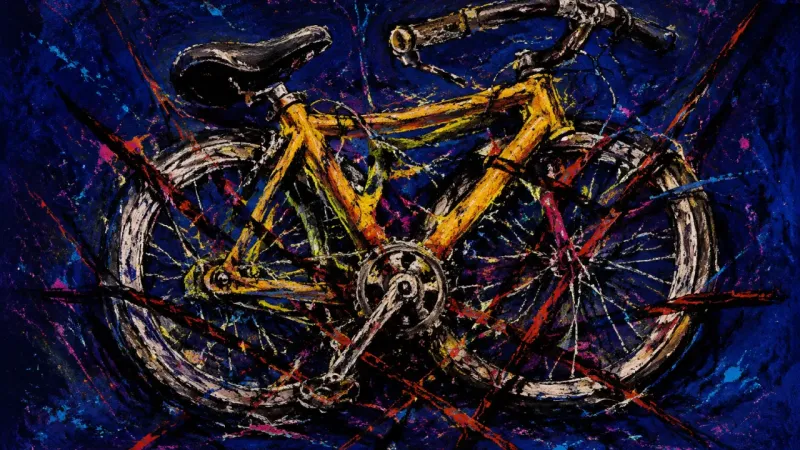 Seized Momentum A crushed bicycle entangled by chaotic lines, representing the fear that independent study will