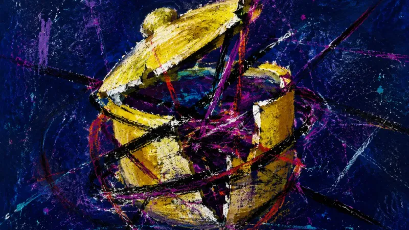A distorted lidded cup trapped in tangled marks, representing oversharing driven by fear of social